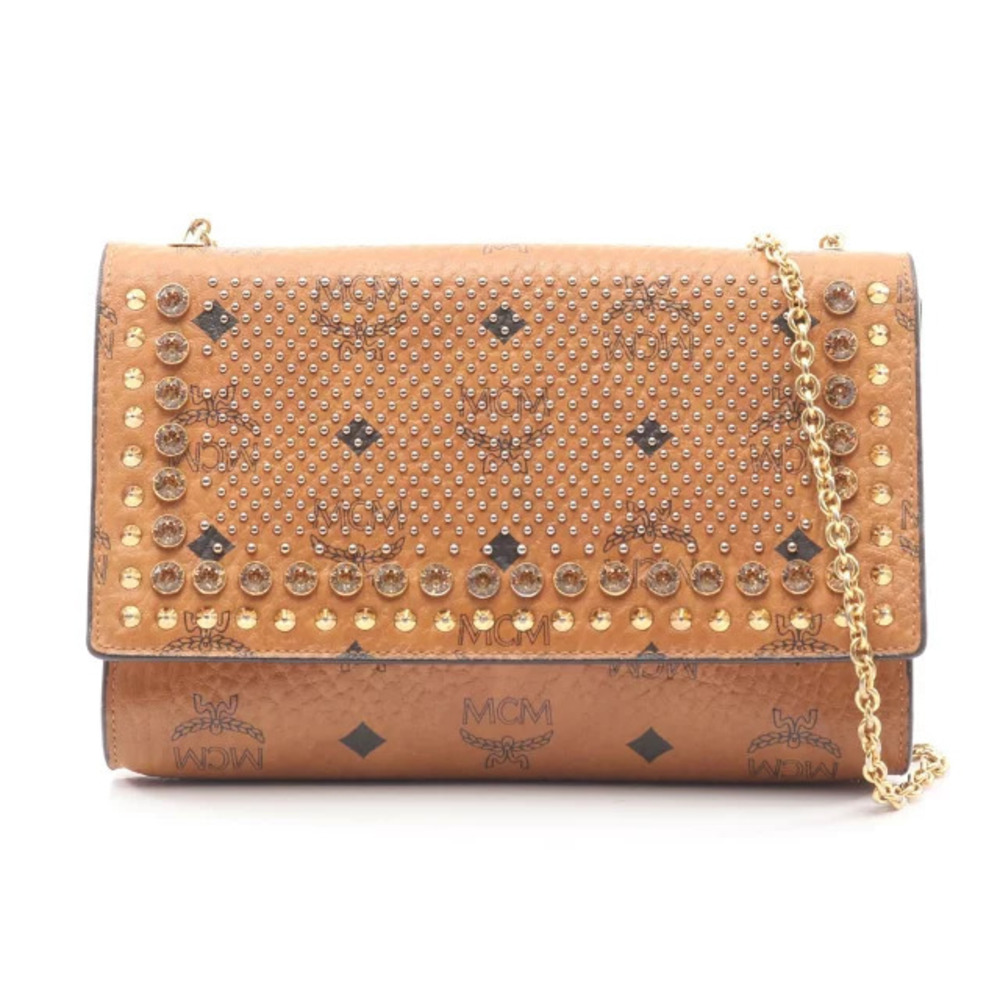 MCM Visetos Bijou Studded Shoulder Bag Canvas Brown